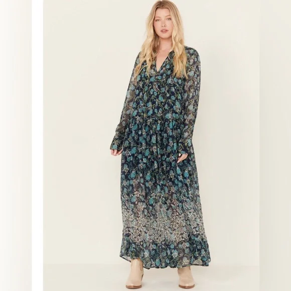 Free People Blue See It Through Floral Long Sleeve Maxi Dress size XS new - Picture 1 of 6